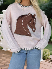 Cyflymder  Women s Cozy Crew Neck Sweaters Stylish Horse Print Pullover Soft Knitwear for Autumn Fashionable Street Style