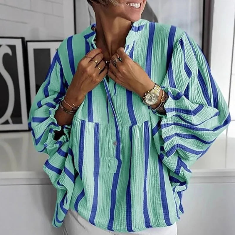 Cyflymder  Streetwear Fashion Striped Print Women Blouses 2025 Spring V Neck Button Top Pullover Autumn Puff Long Sleeve Loose Shirt Blusas