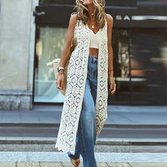 Cyflymder  Loose Single Breasted Sleeveless Outwear Lady Casual Vacation Streetwear Fashion Hook Flower Knitted Hollow Out Long Cardigans