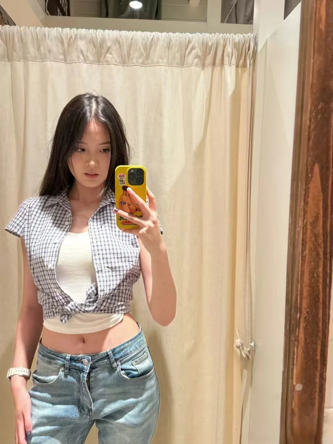 Cyflymder  Slim Fit American Retro irt for Women with  Collar ort Sve Purple Plaid Waist-Cinching Casual Sle Korean Faion