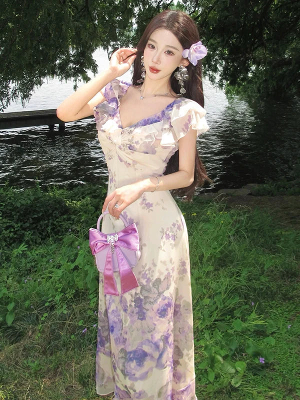 Cyflymder  Summer New plus Size Purple Floral Print V-Ne Long Dr Women's Ele Waist-Cinching Holiday Dr Sweet n Sle