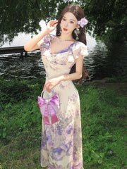 Cyflymder  Summer New plus Size Purple Floral Print V-Ne Long Dr Women's Ele Waist-Cinching Holiday Dr Sweet n Sle