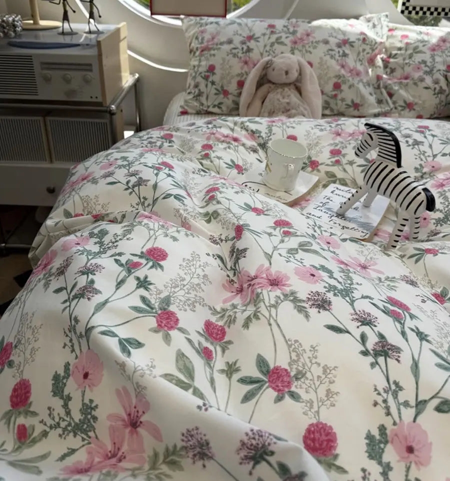 Cyflymder  Romantic sweet pink green flower bedding set,twin full queen king cute floral cotton home textile sheet pillow case quilt cover