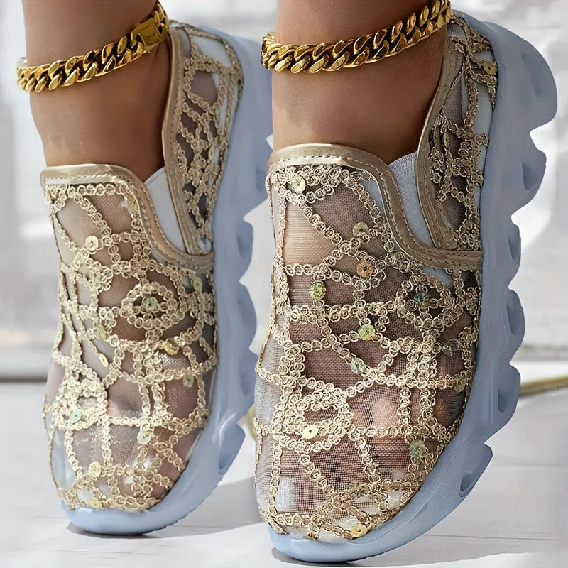 Cyflymder  Fashion Sequins Round-Toe Mesh Slip-On Shoes with Thick Heel Laces for Women Spring Loafers Women's Hot Platform Sneakers