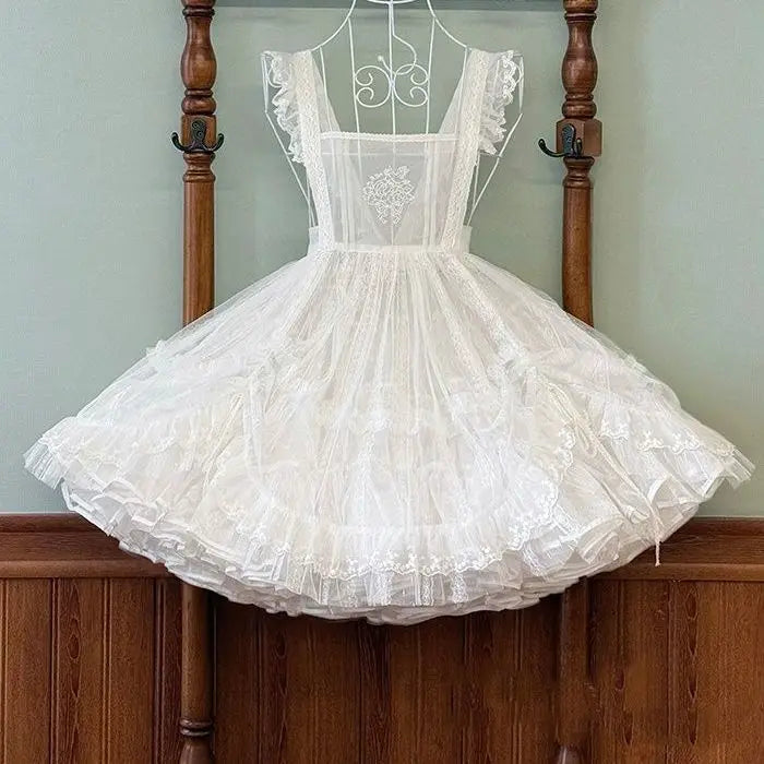 Cyflymder  Lolita Style Sweet Embroidery Apron Dress Girls Mesh Basic Casual Versatile Mini Dress Outerwear Korean Fashion Dress Woman