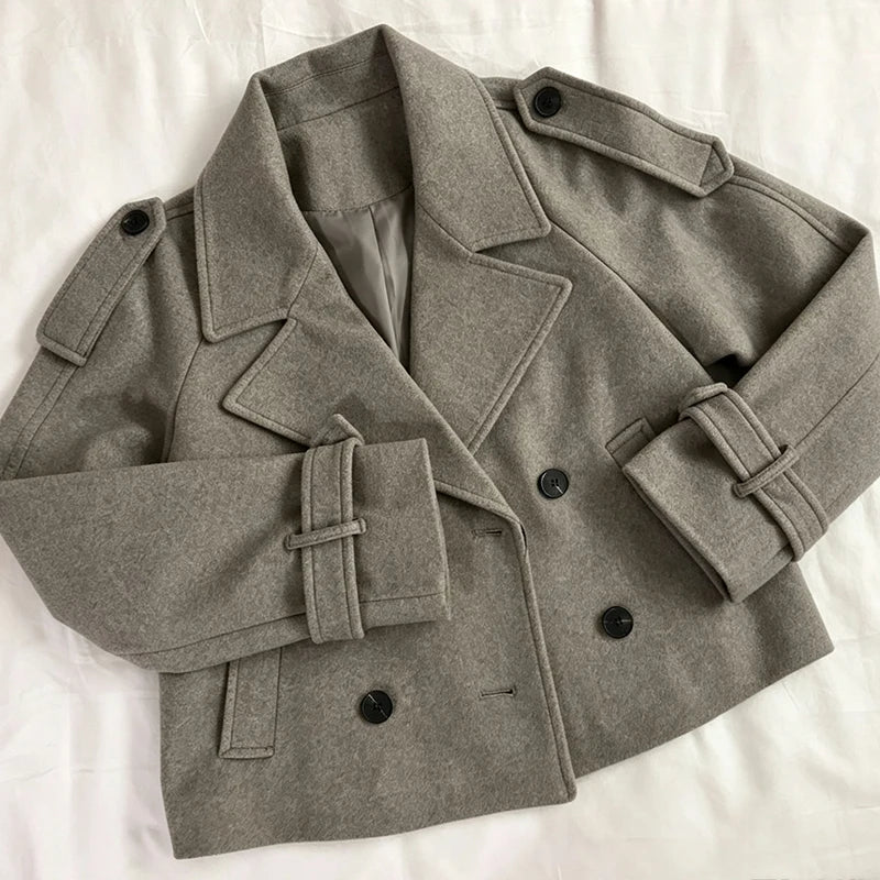 Cyflymder  Y2K Short Jacket Double-Breasted Lapel Coat Retro Women's Short Faux Wool Coat Fashionable Autumn and Winter Street Style