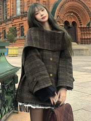 Cyflymder Autumn/Winter New Retro Plaid Cloak Shawl Woolen Coat Women Winter Clothes Korean Style Chic Loose Wool Outerwear Women Top