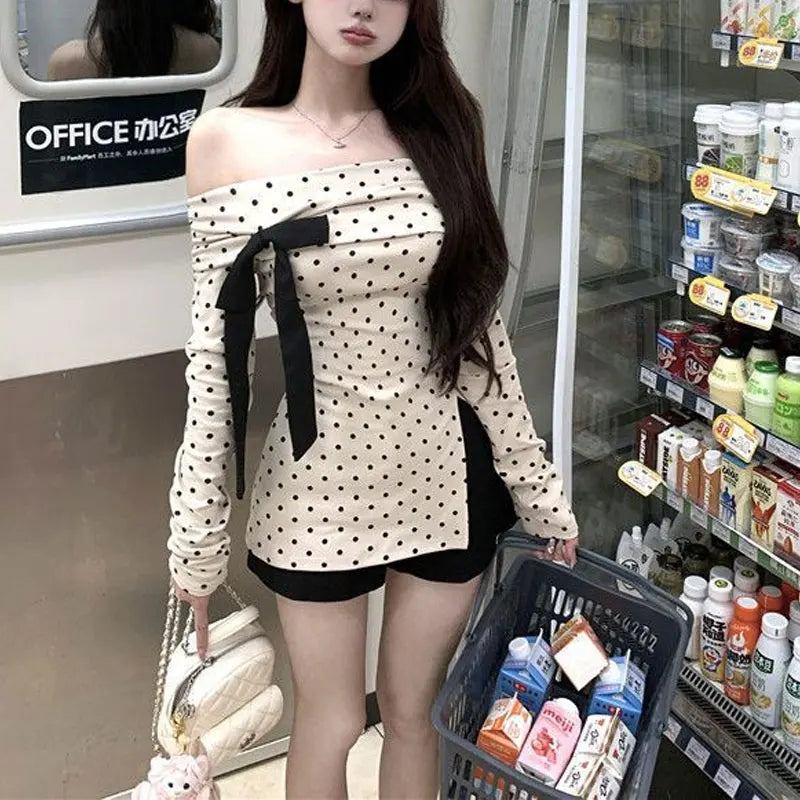 Cyflymder  Slash Neck Polka Dot T-shirt Female Clothing Sweet Slim Stylish Bow Spring Autumn Commute Elegant Off Shoulder Split Pullovers