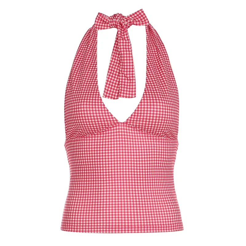 Cyflymder  Fashion Y2k Sweet Halter Women Tanks Skinny Sleeveless Print Hotsweet V-Neck Backless Blouses