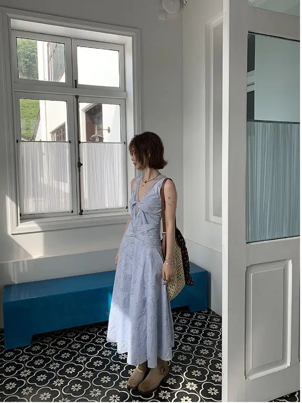 Cyflymder  Dusty Blue Mixed Lace Cutout Sundress Women Waist Defined Sleeveless Flowy Summer Embroidered Tiered Hem Floral Print