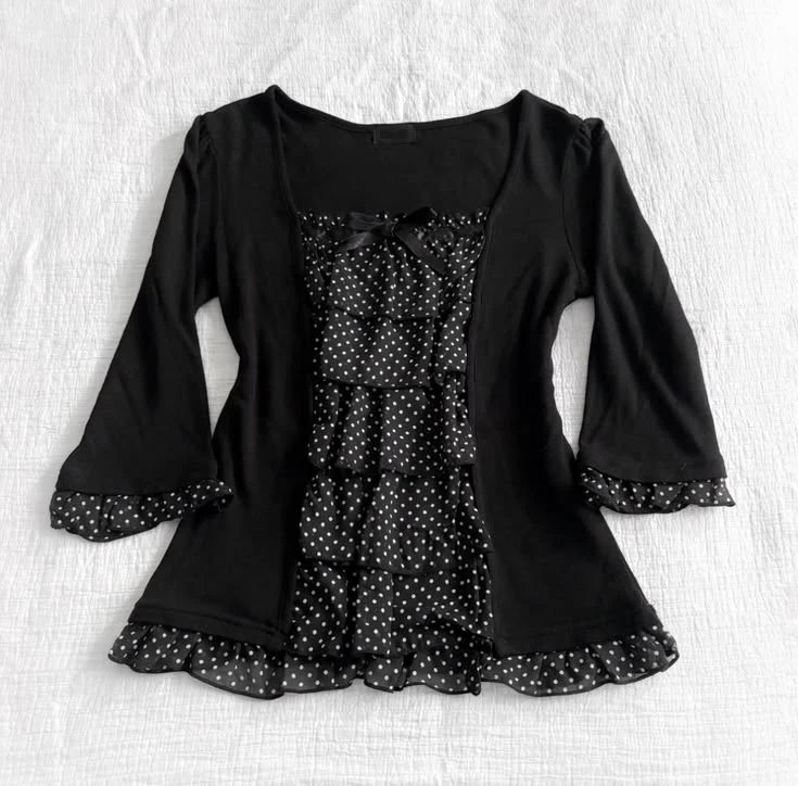 Cyflymder  Fashionable retro Y2K millennial girl polka dot pleated design-style V-neck sweet long-sleeved t-shirt new style top for women