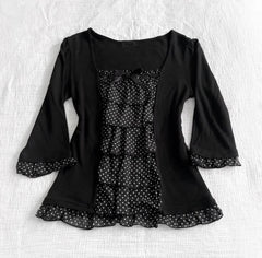 Cyflymder  Fashionable retro Y2K millennial girl polka dot pleated design-style V-neck sweet long-sleeved t-shirt new style top for women