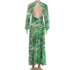 Cyflymder  Women Fashion Sexy Print Vacation Beach Maxi Dress Deep V Neck Full Sleeve Backless High Split Holiday Party Long Robe Cover Up