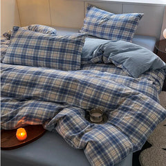 Cyflymder Simple Grid Printing Bedding Set Cozy Skin Friendly Fitted Sheet Kit for All Seasons King Queen Double Size Bedroom Decor