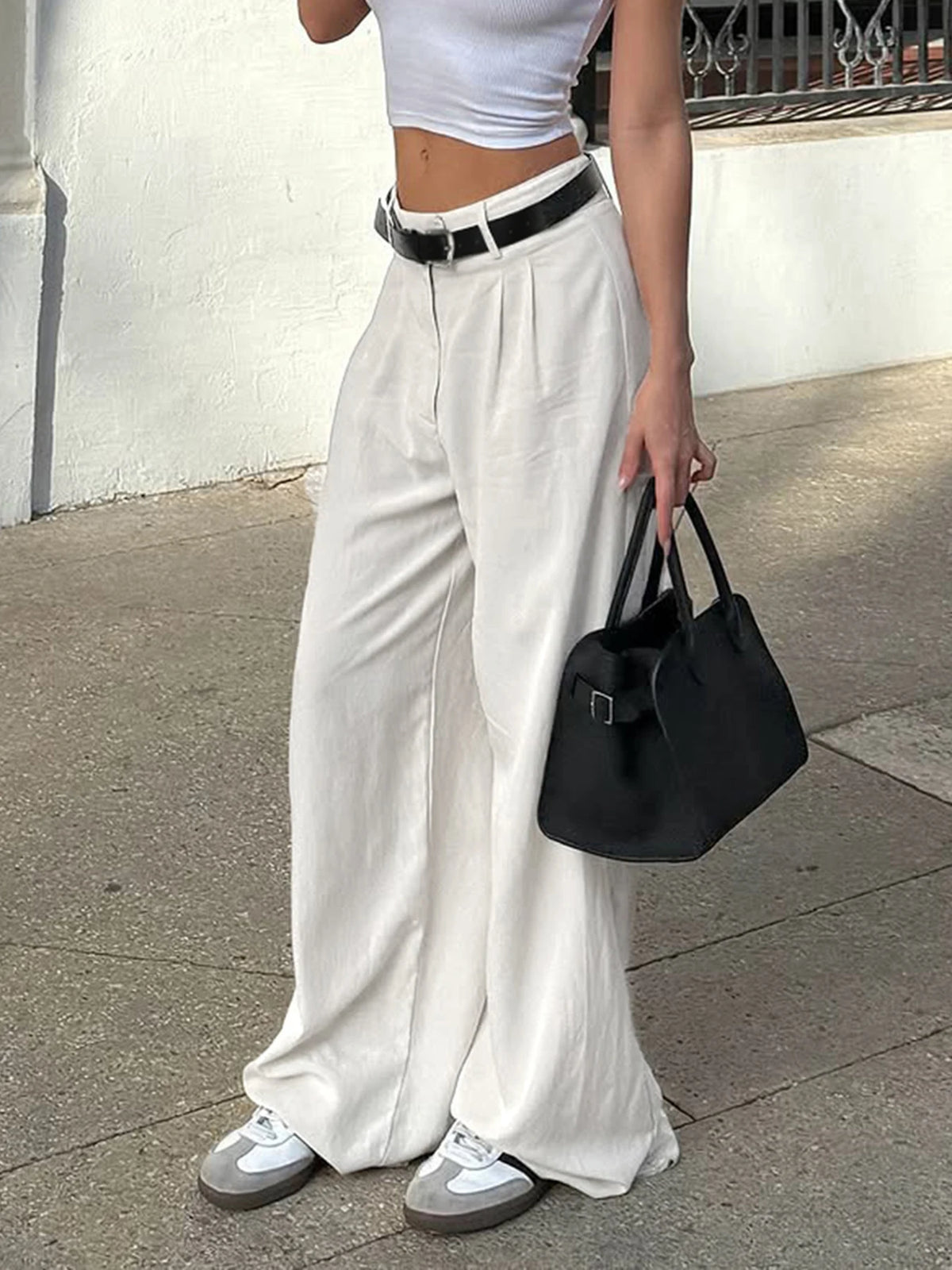 Cyflymder  Casual White Loose Suit Pants with Belt Women Summer Street Style Baggy Straight Trouser Korean Fashion All-match Capris