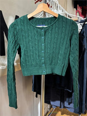 Cyflymder  Drak Green O-neck Knit Cardigan Women Spring Cotton Casual Streetwear Slim Cropped Sweaters Vintage Simple Sweet Kniitwear Y2K