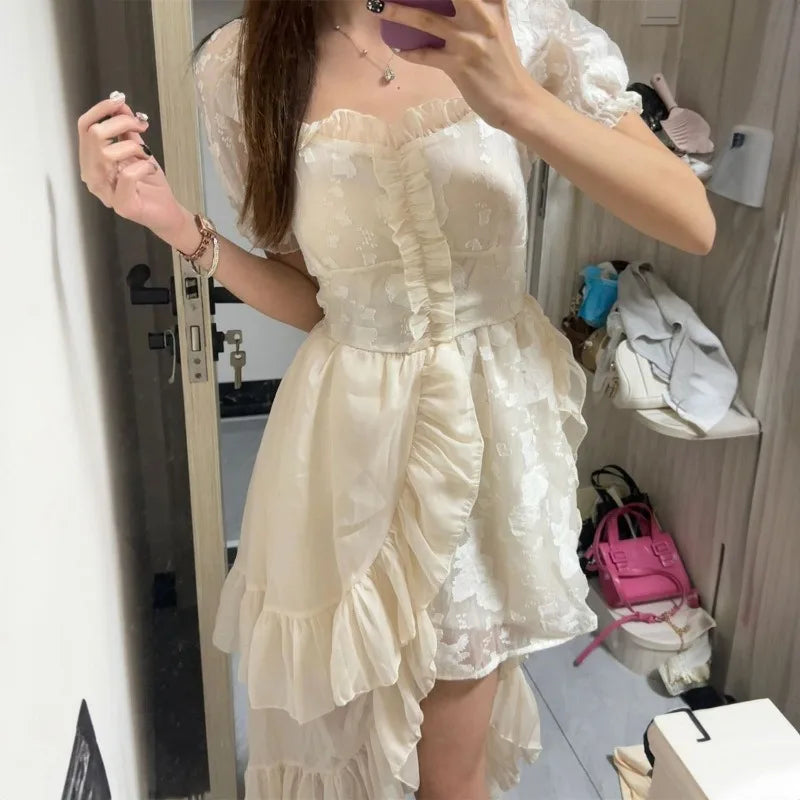 Cyflymder  Irregular Dresses Women Sweet Ruffles Square Collar Puff Short Sleeve Princess Spring Summer Elegant Dress Female