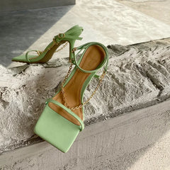 Cyflymder  Summer Elegant Women Purple High Heels Chain Sandals Designer Open Toe Green Yellow Stiletto Heels Sandals Nightclub Shoes