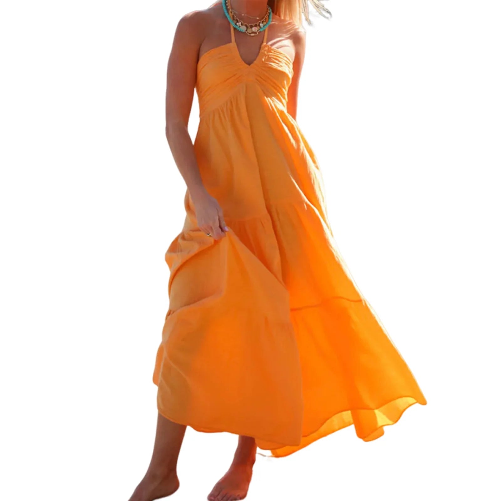 Cyflymder  Elegant Sleeveless V-Neck Maxi Dress with Floral Print and Ruffle Hem for Summer Beach Wedding Party Vacation Wear