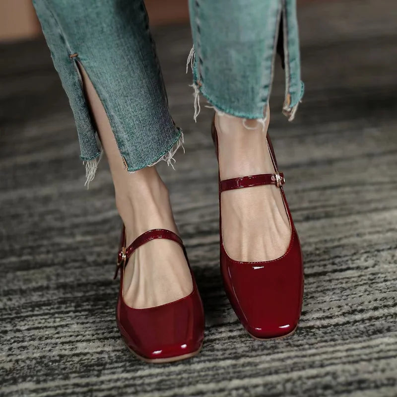 Cyflymder Summer New Square Head Solid Color Large Shallow Mouth Flat Button Strap Bright Leather Face Women's High Heel Single Shoes