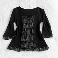 Cyflymder  Fashionable retro Y2K millennial girl polka dot pleated design-style V-neck sweet long-sleeved t-shirt new style top for women