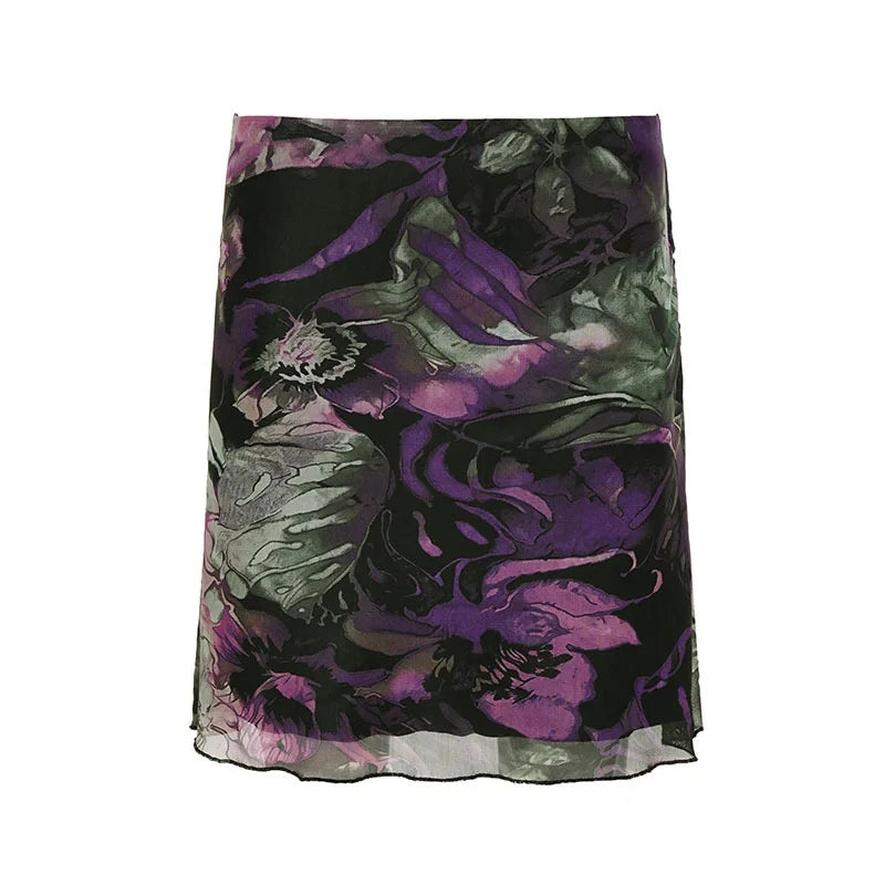 Cyflymder  Literary Vinatge Korean Summer Mesh Skirts Y2k Elgant Fairy Flower Print All Match Casual Punk Jupe Harajuku Hiigh Street Skirt