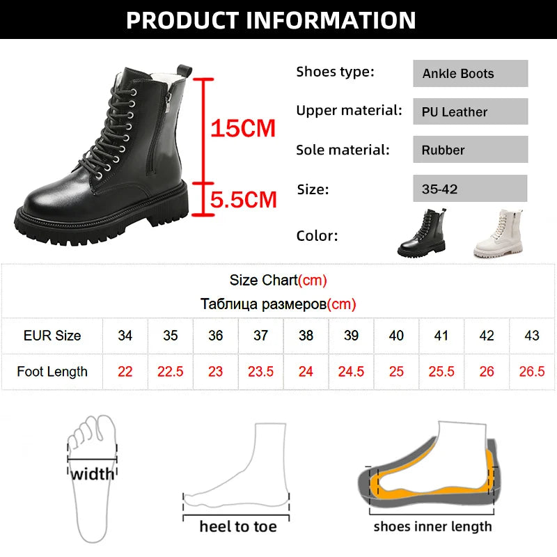 Cyflymder Women's Short Plush Warm Ankle Boots Winter Waterproof PU Leather Snow Boots Women Non-Slip Lace Up Platform Combat Booties