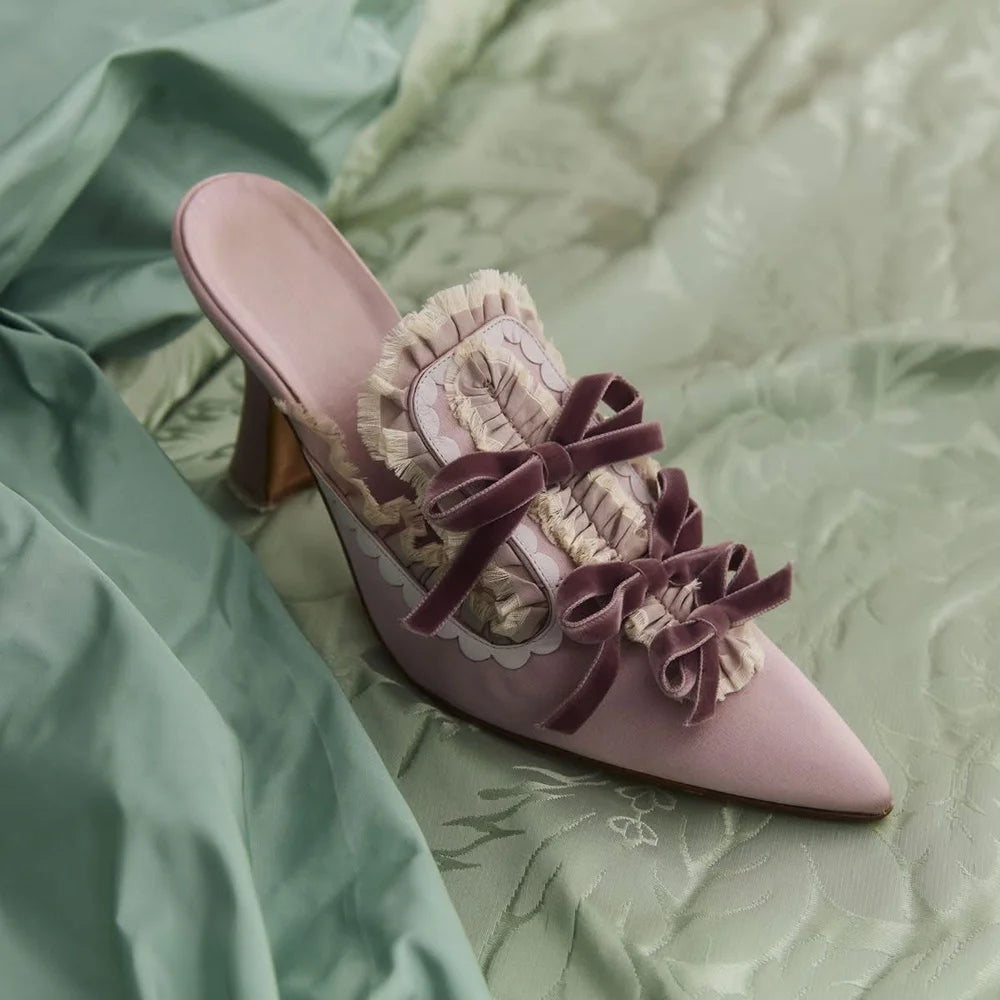 Cyflymder  Elegant Retro Dusty Pink Satin Mule Heels Velvet Bow Ruffled Lace Detail Pointed Toe Open-Back Chunky Heel Pumps Daily Outfits