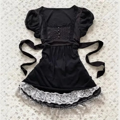Cyflymder  Punk Fashion French Elegant Square Collar Short Sleeve T Shirts Harajuku Spliced Lace Edge A-line Clothes Y2k Lace Up Design Tee