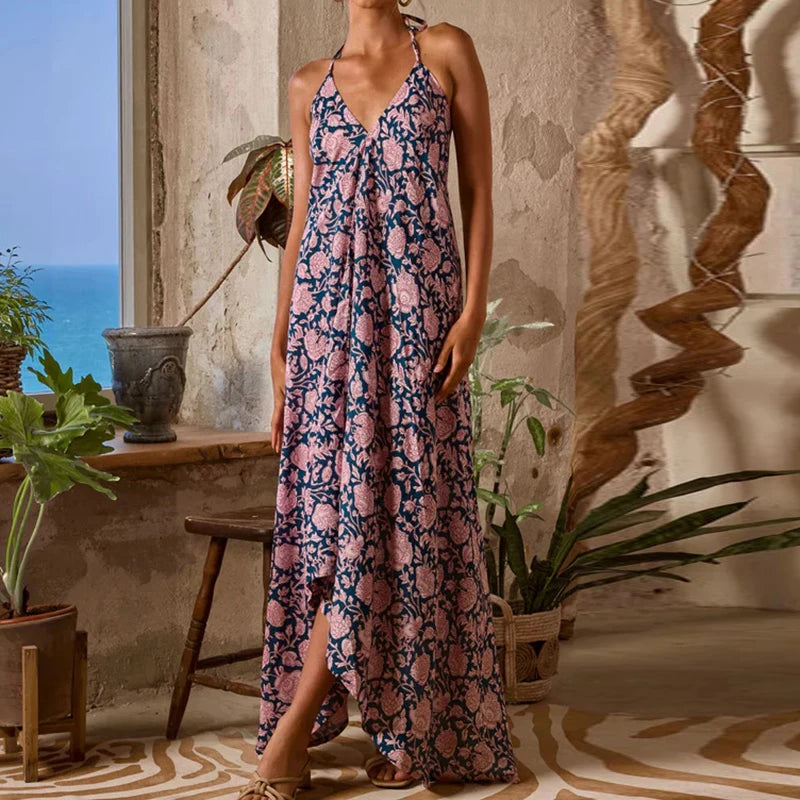 Cyflymder  Sexy Dress Vintage Floral Print Halter Women's Long Dress Fashion Hollow Out Backless Party Dress Bohemian Sleeveless Suspender