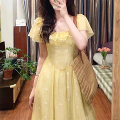 Cyflymder  Vintage Printed Women's Long Dresses 2025 New Spring Summer Yellow Short Sleeve Square Collar Straight Dress for Womens