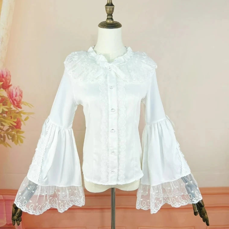 Cyflymder Japanese Gothic Lolita Style Shirts Women Vintage Elegant Lace Embroidery Ruffles Collar Slim Tops Victorian Flare Sleeve Blouse