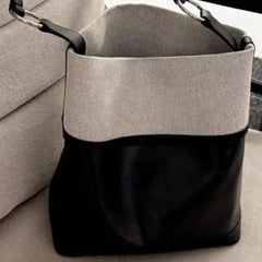 Cyflymder  Minimalist Design Black Tote Bag Women Linen Leather Patchwork Large Capacity Bucket Bag Ladies Versatile Commuter Shoulder Bags