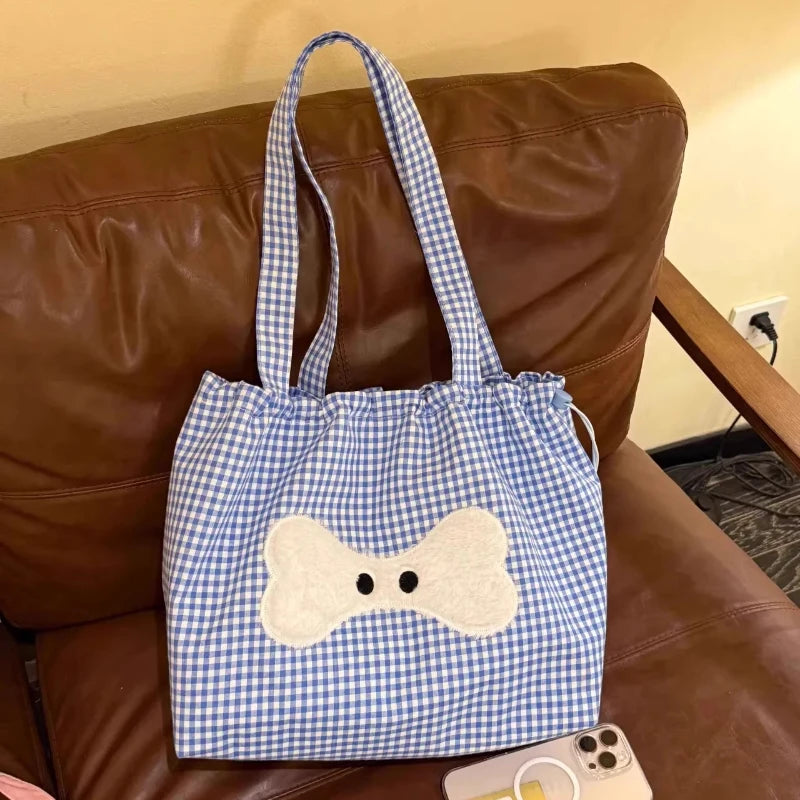 Cyflymder  Sweet Y2k Aesthetic Kawaii Plaid Shoulder Bags All Match Women Drawstring Casual Handbags New Fashion Grunge Canvas Underarm Bag