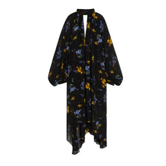 Cyflymder  Fashion Flower Print Draped Party Dress Elegant Half High Collar Chiffon Loose Dress Women Casual Long Sleeve Hollow Long Dress