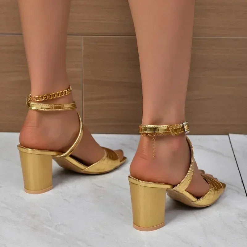 Cyflymder  High heeled sandals for women,  summer new item, thick heel, metal stone pattern, cross buckle women's fashionable women's shoes