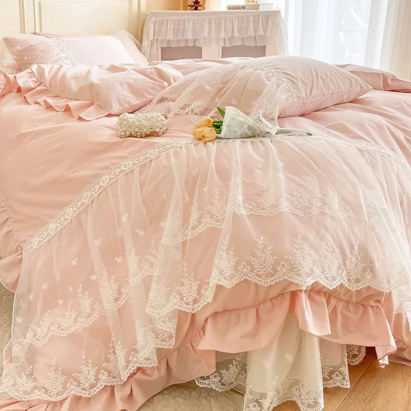 Cyflymder 100% Cotton Romantic French Princess Wedding Bedding Set Lace Ruffles Duvet Cover Lace Bed Sheet Bed Skirt Bedspread Pillowcases