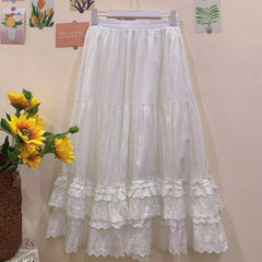 Cyflymder  Big Swing Lace Patchwork Elegant Summer Skirts Women Elastic Waist Retro Embroidery Ruffle Edge A-line Midi Skirt 285B
