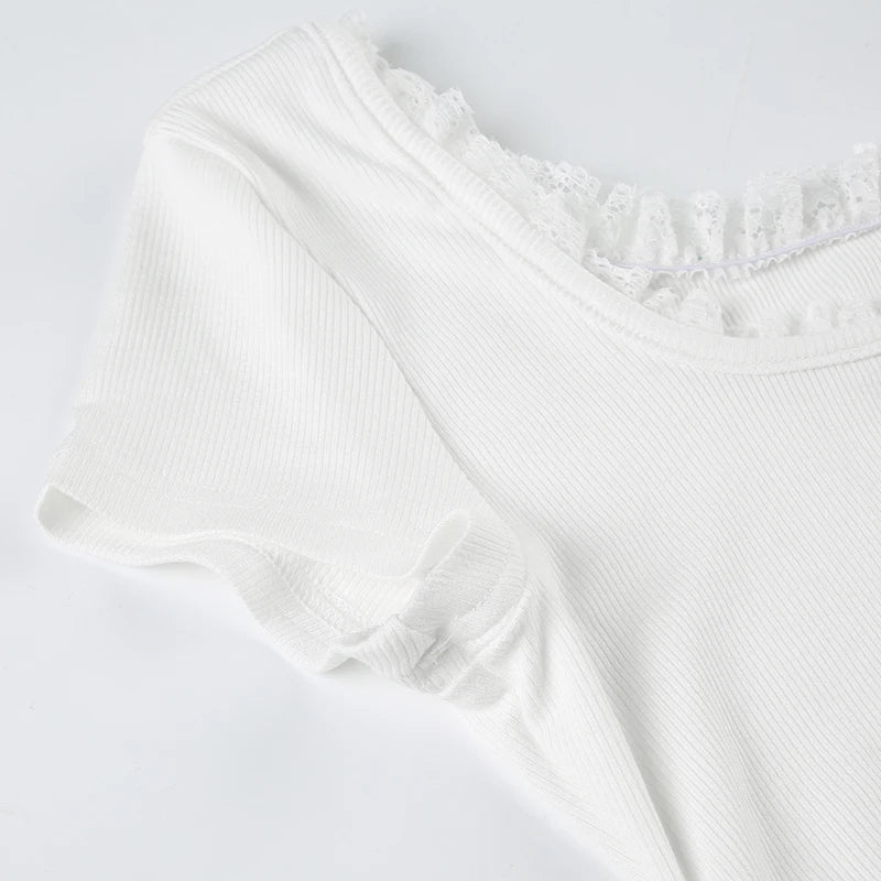 Cyflymder  Casual Lace Trim Folds T Shirt With Scarf Sweet Slim Solid Square Collar Short Sleeve Tees Women 2025 Summer Fashion