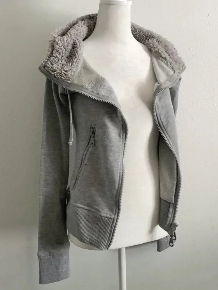 Cyflymder cold weather outfits Grey Faux Fur Wool Double Zipper Jacket Hoodies Women's Slim Waist Hooded Vintage Y2k Coats Ropa Mujer Casual Fashion Sweatshirt