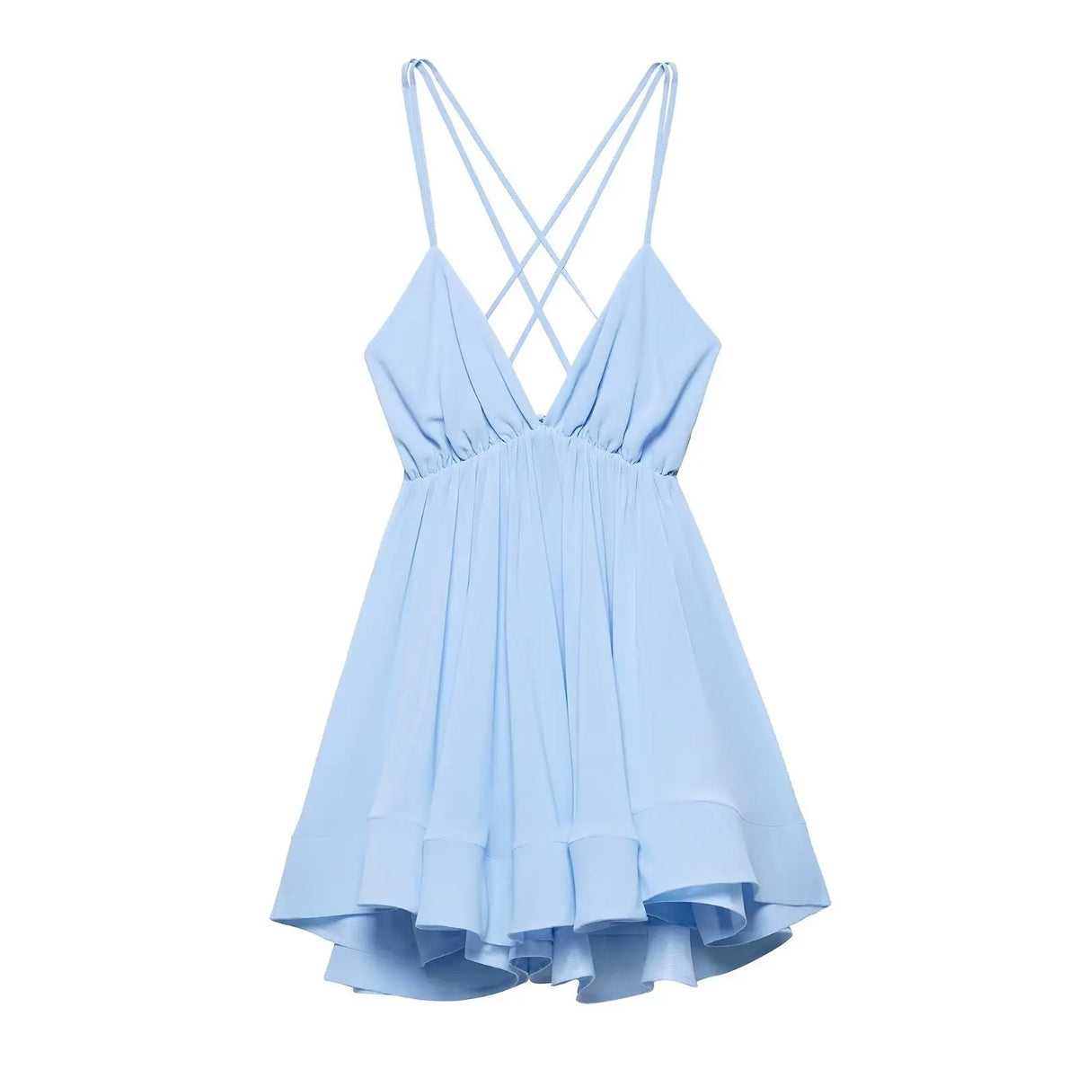 Cyflymder  Women's Summer Solid Pleated V-Neck Backless Mini Dress Fashionable Sling Lace-Up A-Line 2-Color Hot Girl Holiday Dress