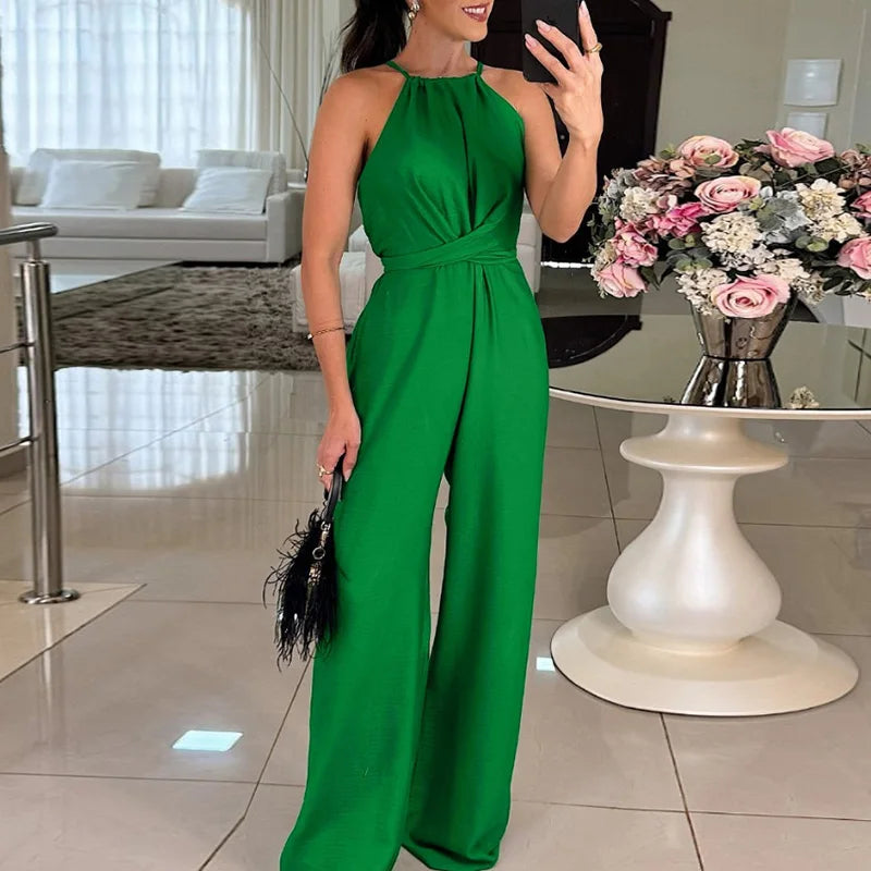 Cyflymder  Elegant O-neck Cross Draped Long Jumpsuit Women Casual Sleeveless Solid Color Office Romper Fashion Hight Waist Commute Playsuit