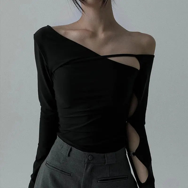 Cyflymder  Sexy Tops Women American Style Hollow Out Off Shoulder Long Sleeve T-Shirt Slim Fit Bodycon Y2K Tie Detail Casual Streetwear