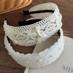Cyflymder  Boho Headband Lacework Pearl Bow Fabric Wide Band Retro Hair Accessory For Women Lightweight Non Slip New Arrival