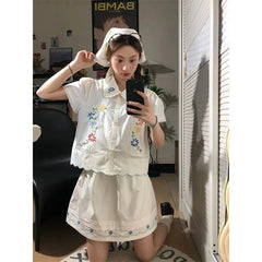 Cyflymder  2 Piece Sets Women Outfit Kawaii Lace Floral Embroidery Short Sleeve Shirts Vintage Cute Mini Skirt Summer New In Matching Sets