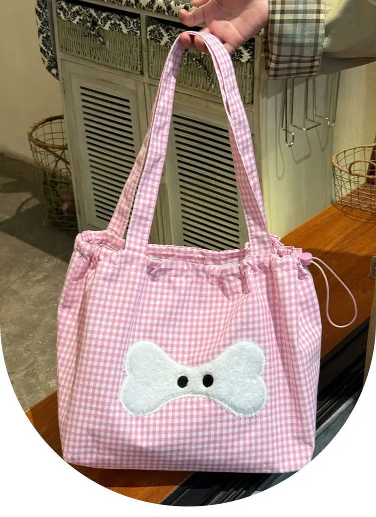 Cyflymder  Sweet Y2k Aesthetic Kawaii Plaid Shoulder Bags All Match Women Drawstring Casual Handbags New Fashion Grunge Canvas Underarm Bag