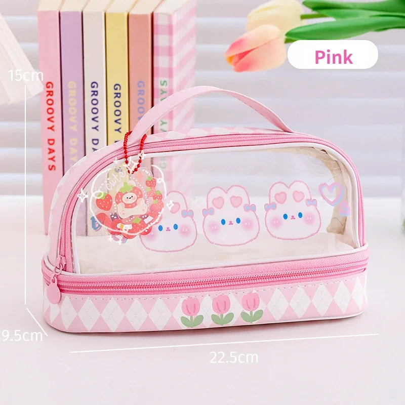Cyflymder  Cute Transparent Pencil Case Kawaii Bunny Bear Pencil Pouch 2- Layer High Capacity Waterproof Protable Stationery Storage Bag