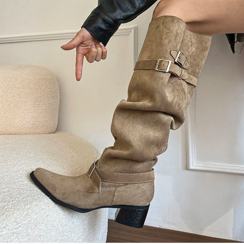 Cyflymder  Autumn Winter Pleated Women Knee High Boots Vintage Square Low Heels Shoes Female Belt Buckle Long Booties