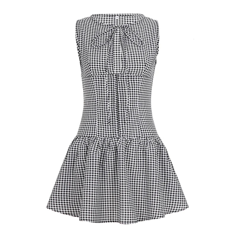 Cyflymder  Y2K Aesthetics Plain Contrast Color Sleeveless Dress Summer Hollow Out Design Round Neck A-Line Mini Dresses Fashion New