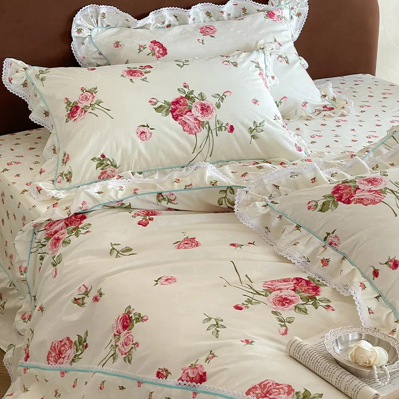 Cyflymder  Rustic Vintage French Rose Floral Ruffles 100% Cotton Bedding Set Duvet Cover Set Flat/Fitted Bed Sheet Pillowcases 4Pcs